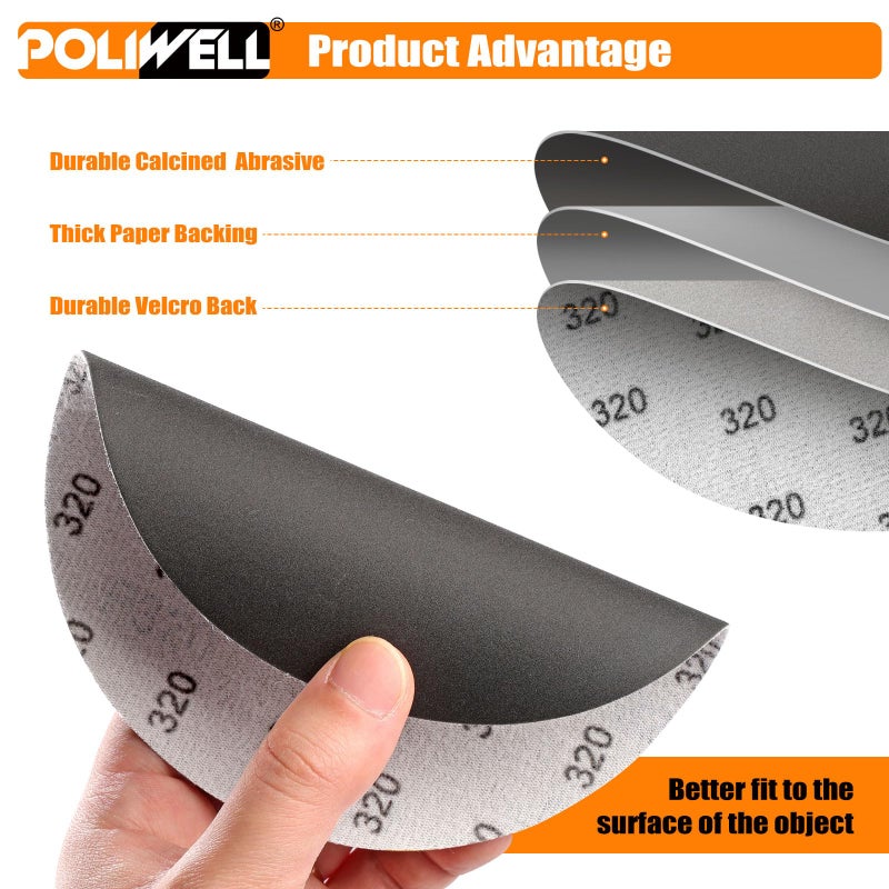 POLIWELL 6 Inch (150mm) 320 Grit Sanding Discs, Waterproof Hook & Loop Heavy Duty Silicon Carbide Round Flocking Sandpaper for Wet/Dry Sanding Grinder Polishing Accessories, 20-Pack - Image 3